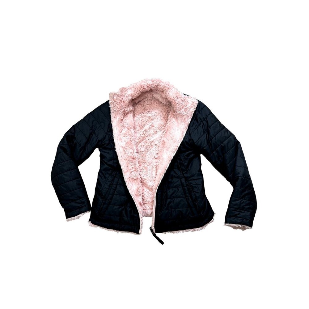 Me Jane Girls’ Reversible Jacket Black Puffer Pink Faux Fur 12 Zip Band Collar